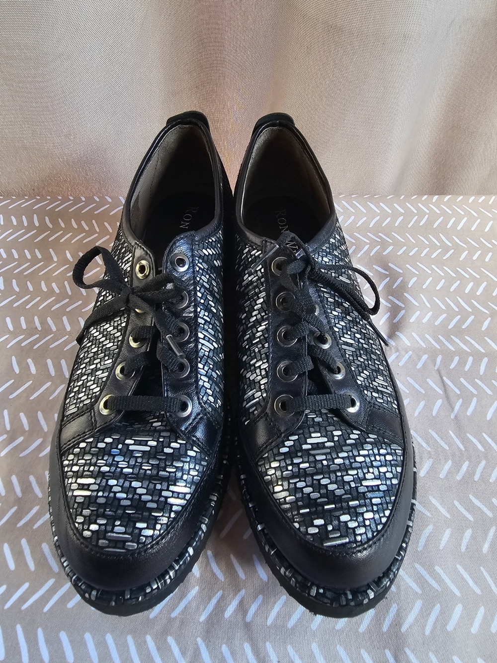 Ron White NEW leather Black Metallic Woven Lace-Up Sneakers - Picture 1 of 6
